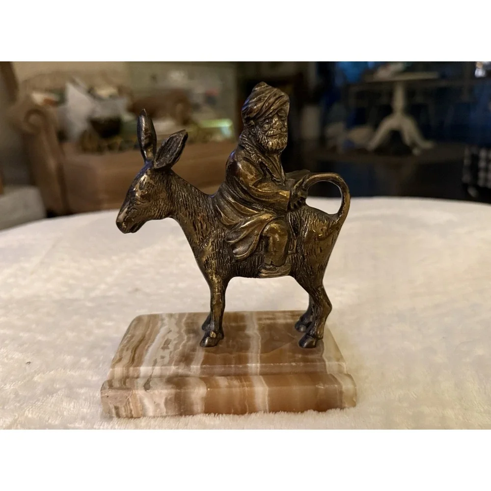 Vtg Brass Casting Nasreddin Hodja Riding Donkey Backwards Card Pen Holder Marble